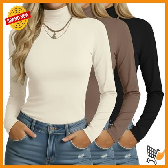 3 Pack Slim Fit Turtleneck Tops Lightweight Stretch Base Layer Tees - Picture 2 of 8